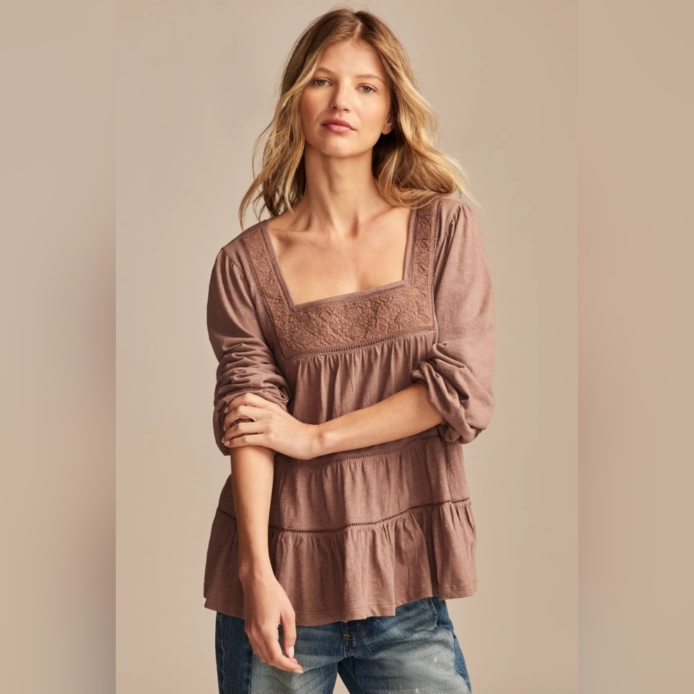 Lucky Brand Deep Taupe Square Neck Embroidered Peasant Top M - NWOT